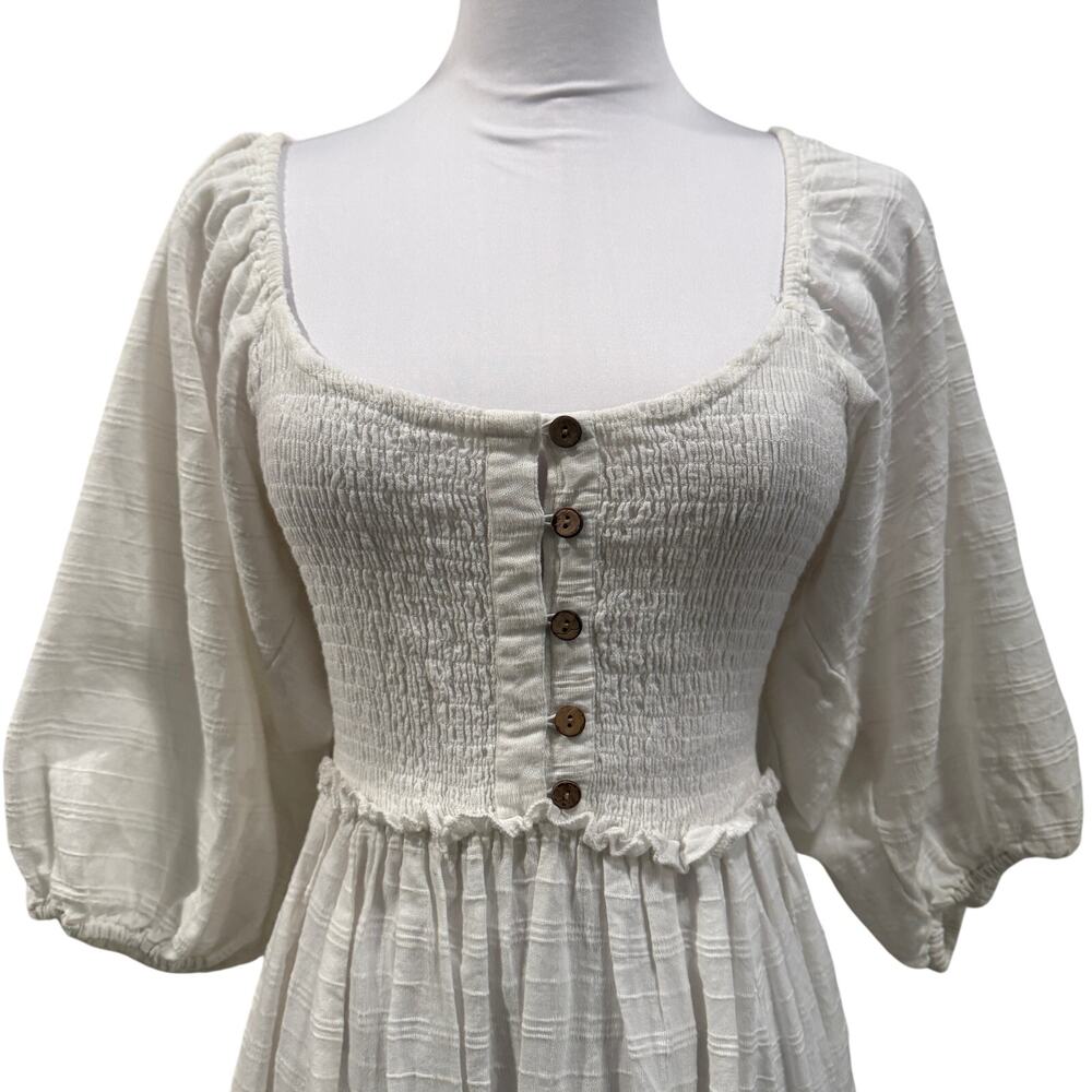 Free People White Picnic Mini Dress Cotton Smocked Puff Sleeve Coquette Cottage - Picture 4 of 9